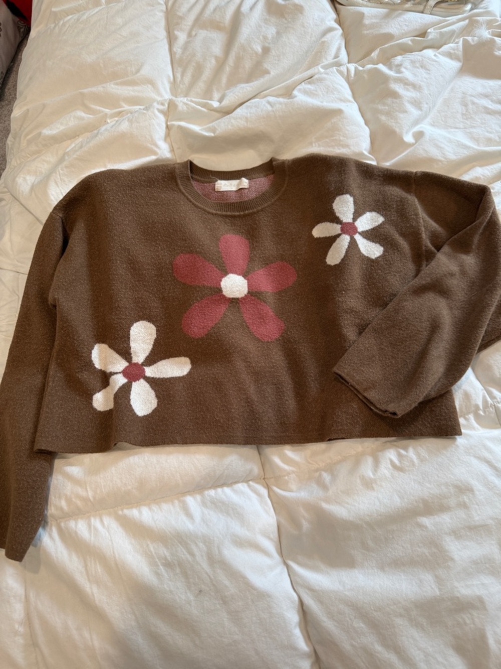 Altar'd State Brown Cropped Crewneck Sweater with Pink & White Daisies